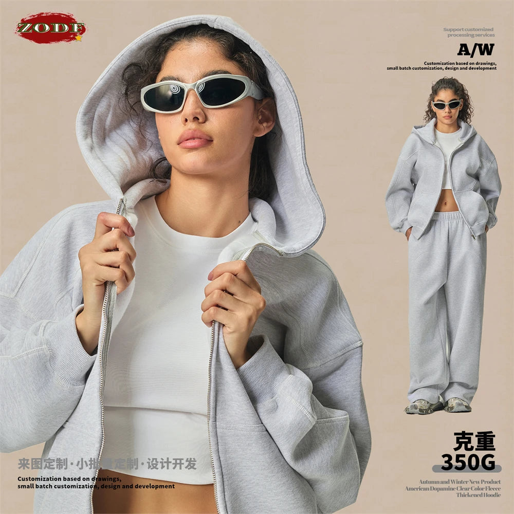 ZODF New Winter 350gsm Man Fleece Boxy Fit Zipper Hoodie Unisex Hip Hop Solid Warm Hooded Coat Brand Jackets HY0034