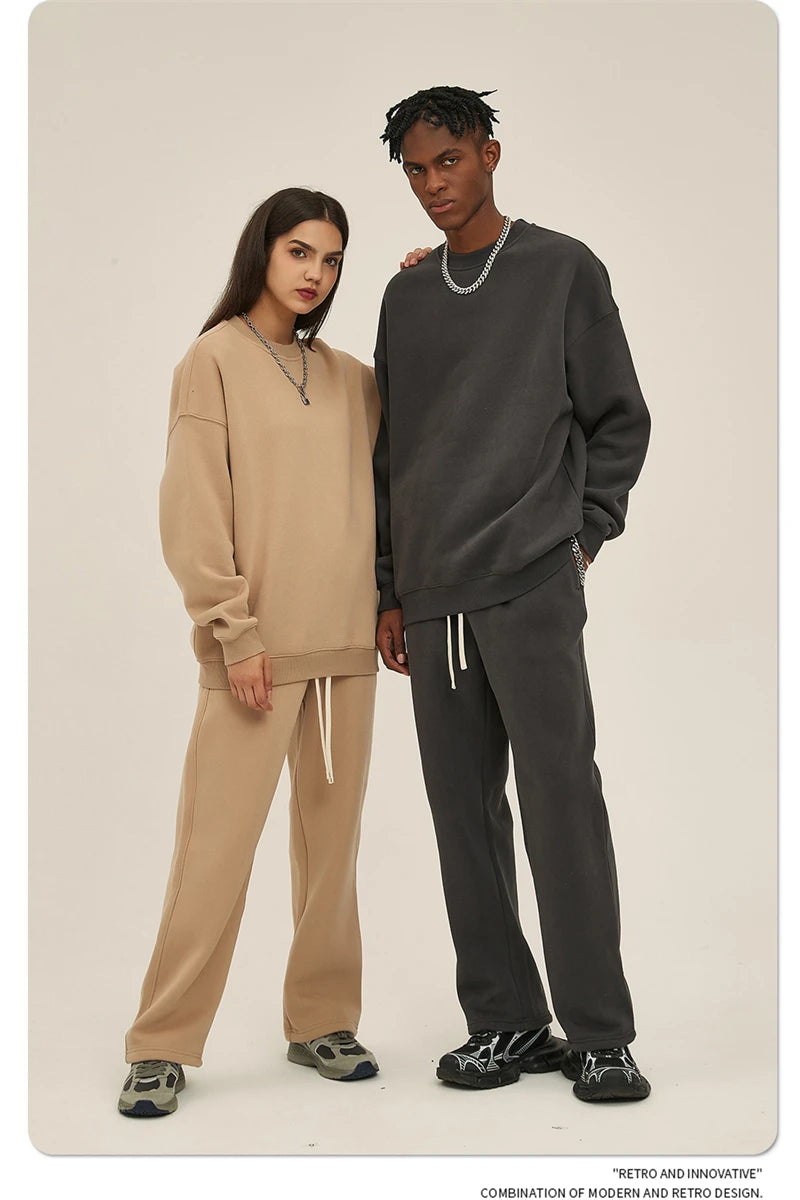 ZODF New 2025 Winter 350gsm Fleece Sweatshirts For Men Unisex Casual Loose Basic Solid O-Neck Thick Warm Pullovers HY0635