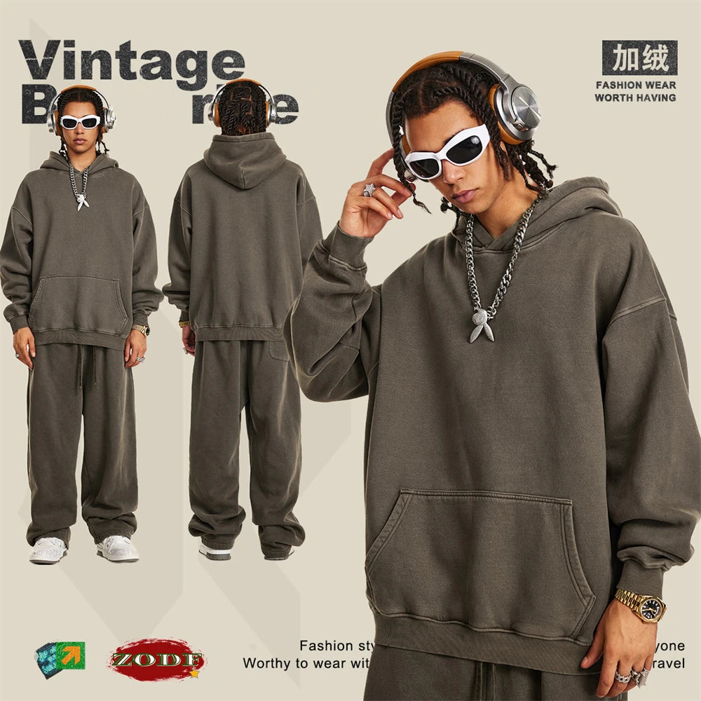 ZODF 2024 Winter Unisex Washed Fleece Hoodies 360gsm Warm Loose Retro Hooded Sweatshirts HY0870