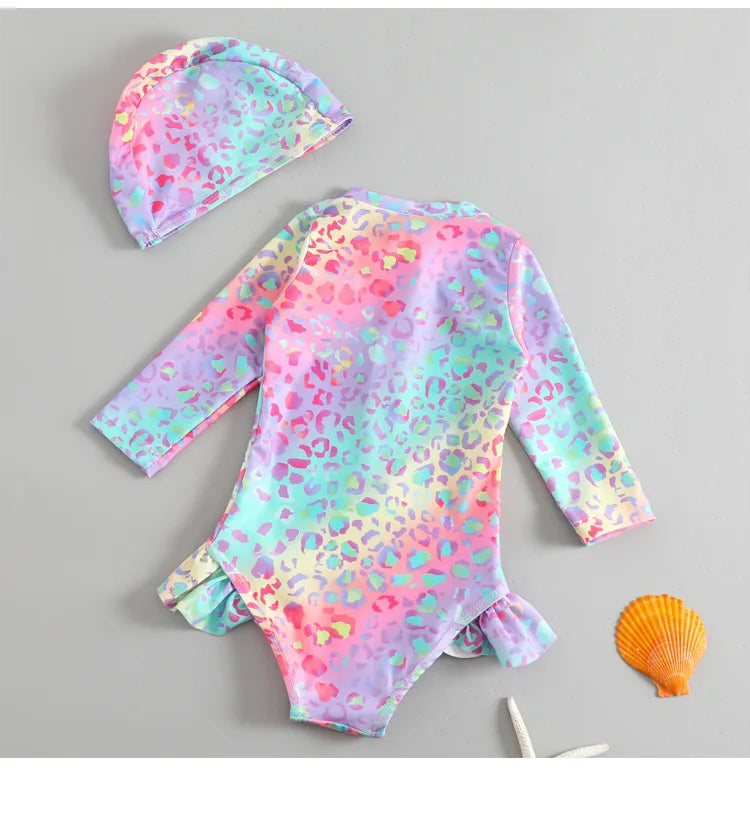 Toddler Girls Swimsuit with Sun Hat Set 1 to 2 3 4 5 6 Years Leopard Ruffle Sleeve Zip Up One-pieced Swimwear Beachwear for Baby