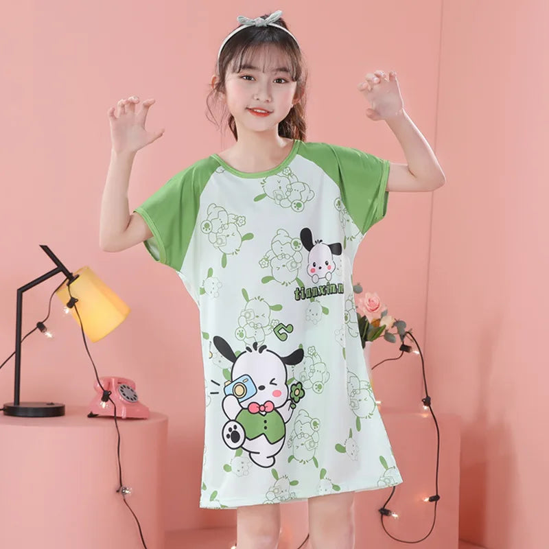 MINISO Children Home Clothing Girls Night Dress Summer Short Sleeve Disney Hello Kitty Cat Toddler Girl Pjs Nightgown Sleepwear