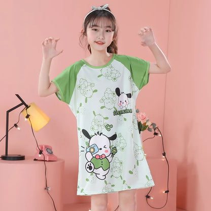MINISO Children Home Clothing Girls Night Dress Summer Short Sleeve Disney Hello Kitty Cat Toddler Girl Pjs Nightgown Sleepwear