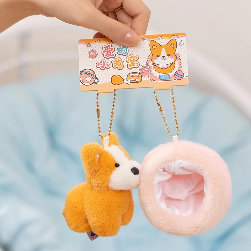 10cm Mini Cute Dog Plushies 2 in 1 Kawaii Soft Bag Pendant Love Dog in Doghouse Plush Toy Corgi Schnauzer Stuffed Doll Girl Gift