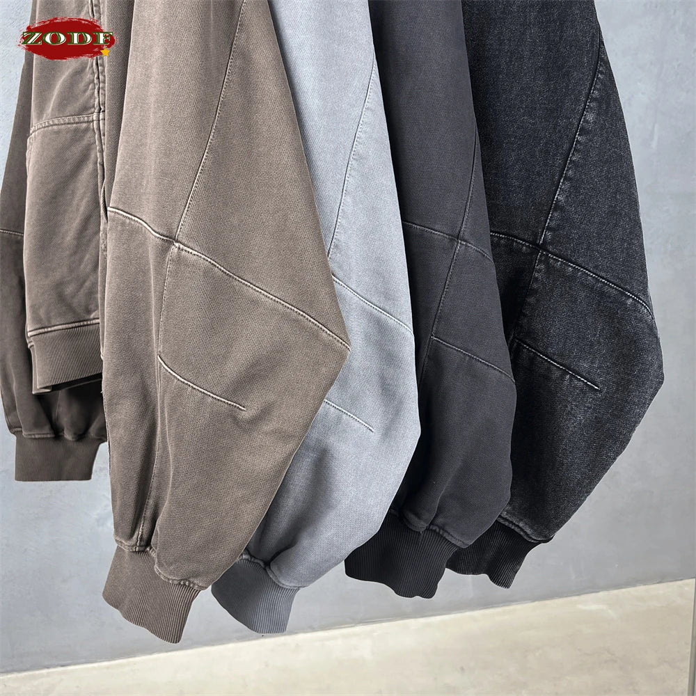 ZODF Heavy Wieght 480gsm Washed Cotton Boxy Zipper Hoodies For Man Unisex Retro Patchwork Off Shoulder Hooded Coats HY1152