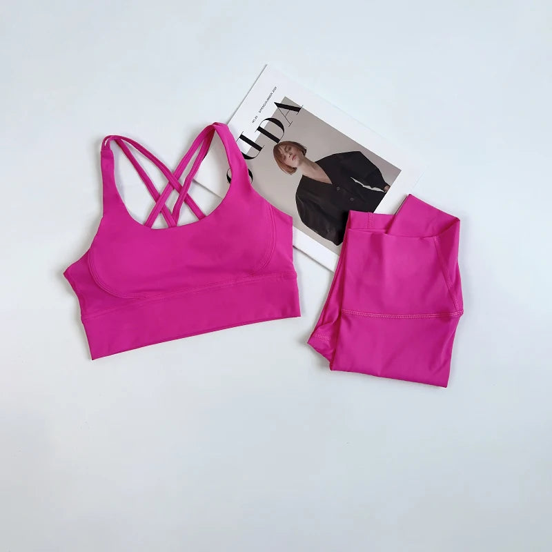 2 Pieces Yoga Set Women Gym Set Workout Clothes Sports Suits High Waist Leggings Cross Straps Fitness Bra Top Running Tracksuit