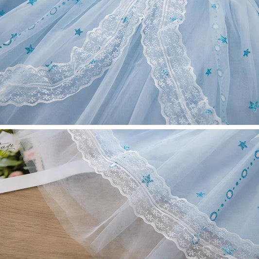MINISO Girls Dress Blue Toddler Girl Mesh Lace Dress Summer Infant Fuffy Tulle Tutu Frozen Princess Dress 2 to 3 4 5 6 7 8Years