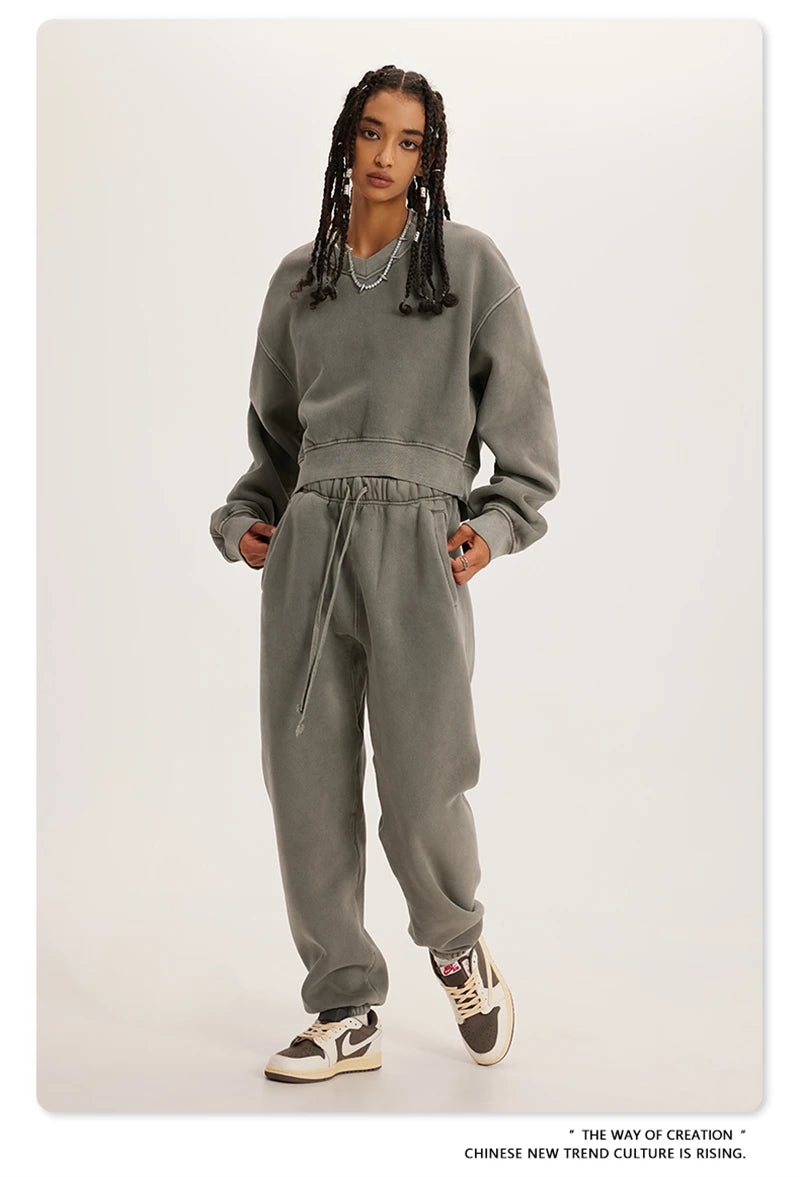 ZODF Winter Women Short Fleece Cropped Sweatshirts Girls Female Hip Hop Loose 400gsm V-Neck Pullovers Brand Tops HY0437