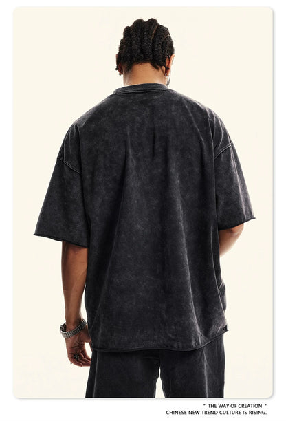 ZODF America Retro Summer 100% Cotton T-Shirts For Men Unisex Washed 310gsm Comfortable High Street Printing T Shirt Tops HY0862