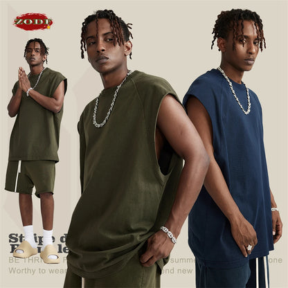 ZODF American Retro Men Washed Solid Tank Tops Women Unisex Loose Edge 275gsm Cotton Sleeveless Tees Brand Streetwears HY0503