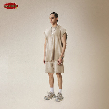 ZODF 2025 Summer 285gsm Washed Tank Tops For Men Unisex American Retro Cut Distressed Oversized Sleeveless TEE Vest HY1006