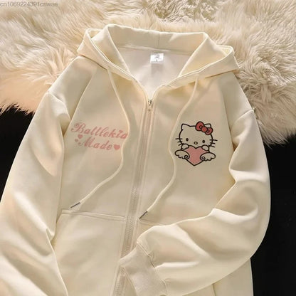 2025 New Sanrio Hello Kitty Jacket 2000s Zip Hoodie White Sweatshirt Young Women Fall Winter Kawaii Lolita Jacket Student Tops