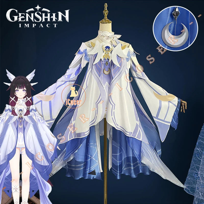 Genshin Impact Columbina Cosplay Costume Wig The Damselette Dress Headwear Eleven Fatui Harbingers Halloween Party Women Girls