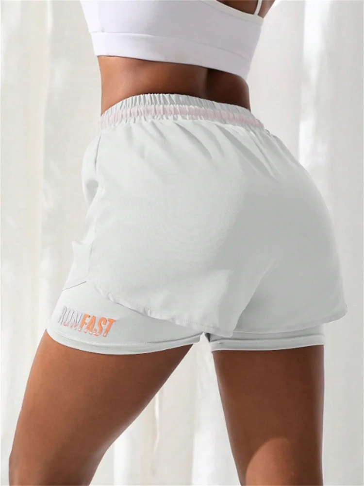 Women’s High Rise Elastic Waist Yoga and Running Shorts Fake Two-Piece Design