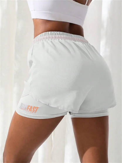 Women’s High Rise Elastic Waist Yoga and Running Shorts Fake Two-Piece Design