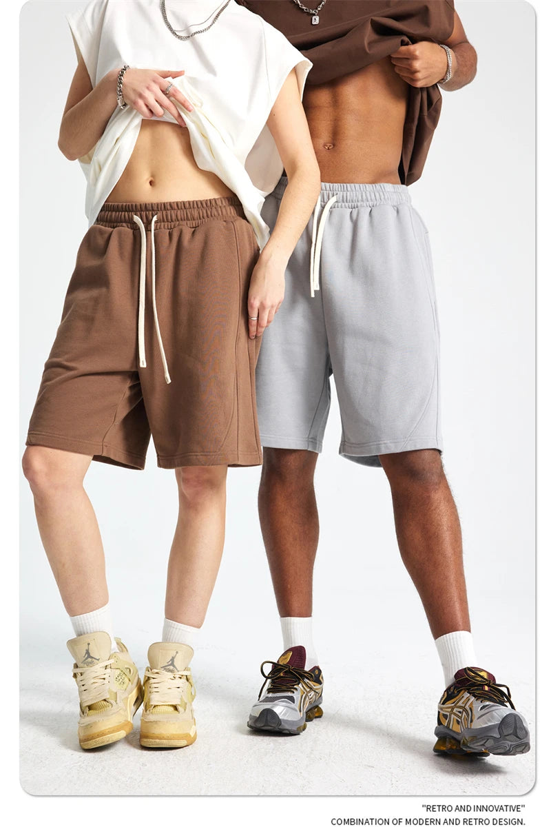 ZODF Trendy 2025 Men Summer Patchwork 345gsm Shorts Unisex Casual High Street Loose Fit Sport Solid Shorts Streetwears HY1053