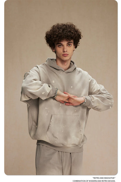 ZODF Autumn Winter Spray Dyeing Ink Splashing Hoodies For Men Unisex 450gsm Washed Oversized Knitted Hooded Pullovers HY0908