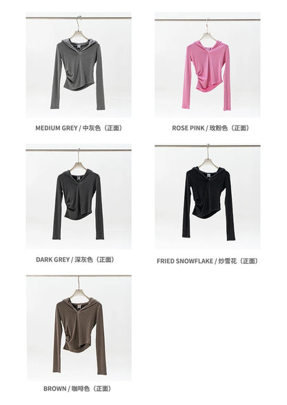 ZODF Sexy Women Autumn Washed 275gsm Hooded T Shirt Ladies Girls Slim Fit Distressed Side Pleated T-Shirts Tees HY1149