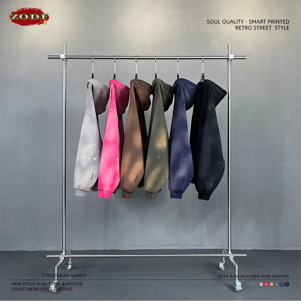 ZODF Autumn Winter Spray Dyeing Ink Splashing Hoodies For Men Unisex 450gsm Washed Oversized Knitted Hooded Pullovers HY0908