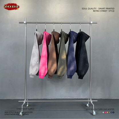 ZODF Autumn Winter Spray Dyeing Ink Splashing Hoodies For Men Unisex 450gsm Washed Oversized Knitted Hooded Pullovers HY0908