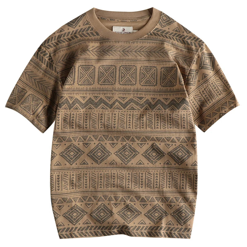 6013# Summer New American Retro Short Sleeve O-neck Geometric Printed T-shirt Men's Fashion 100% Cotton Washed Loose Casual Tops