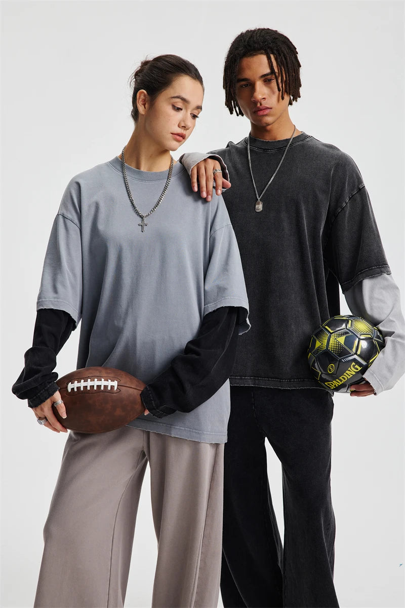 ZODF Retro Fake 2-Piece Cotton T-Shirts For Man Unisex Distressed Full Sleeve Washed O Neck T Shirt Brand Tees HY1156