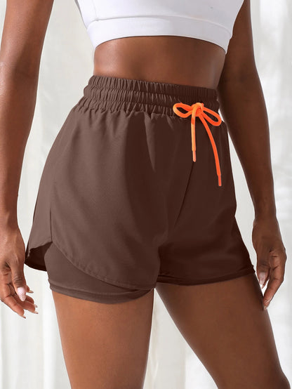 Women’s High Rise Elastic Waist Yoga and Running Shorts Fake Two-Piece Design