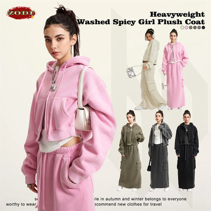 ZODF Retro 2025 Winter Women Short Zipper Hoodies Female Girls Loose 355gsm Thick Fleece Hooded Zip-up Coat Streetwears HY0448