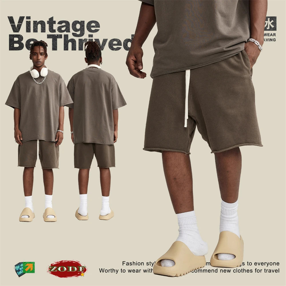 ZODF New Summer Men Retro Washed Shorts Unisex Drawstring Loose Edge 420gsm Solid Knee Length Cotton Pants Streetwears HY0589