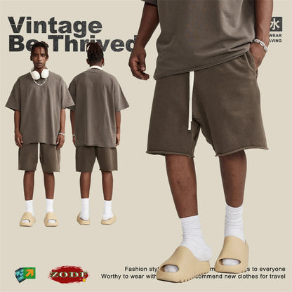 ZODF New Summer Men Retro Washed Shorts Unisex Drawstring Loose Edge 420gsm Solid Knee Length Cotton Pants Streetwears HY0589