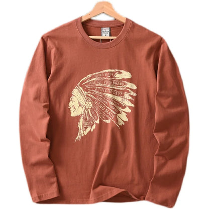 Autumn New American Retro Long Sleeve O-neck Indian Printed T-shirt Men's Fashion 100% Cotton Washed Casual Bottoming Tops