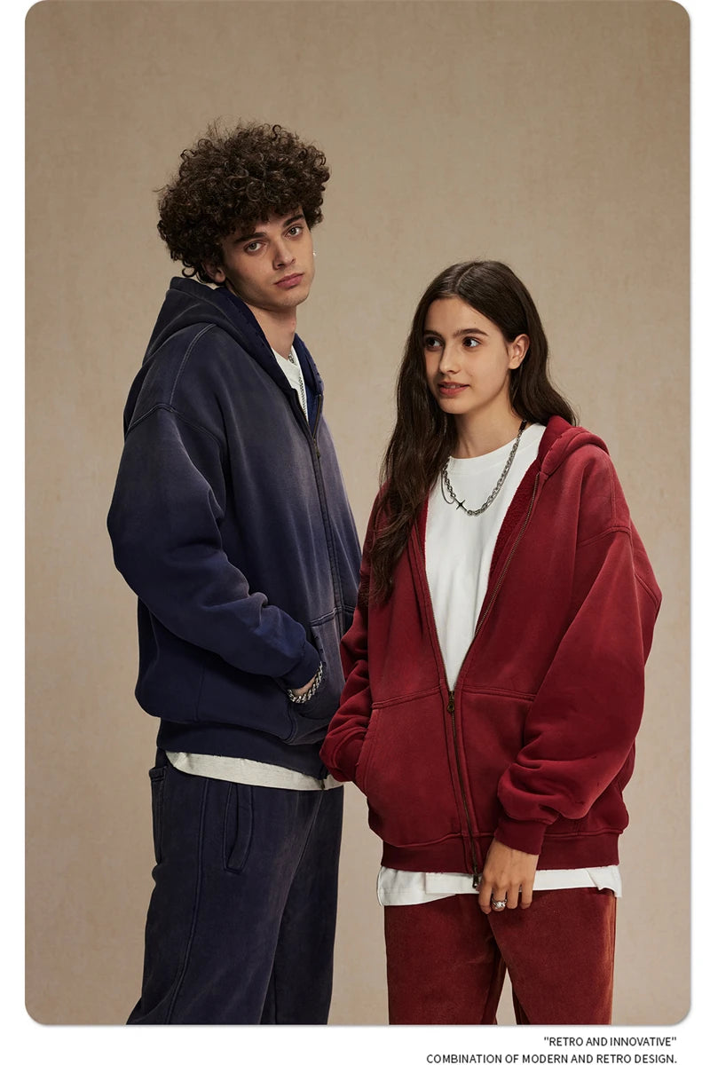 ZODF Retro Winter Men Spray-Dyed Zipper Hoodies Unisex Loose 360gsm Zipper Fleece Hooded Sweatshirt Pullovers Coats HY0719