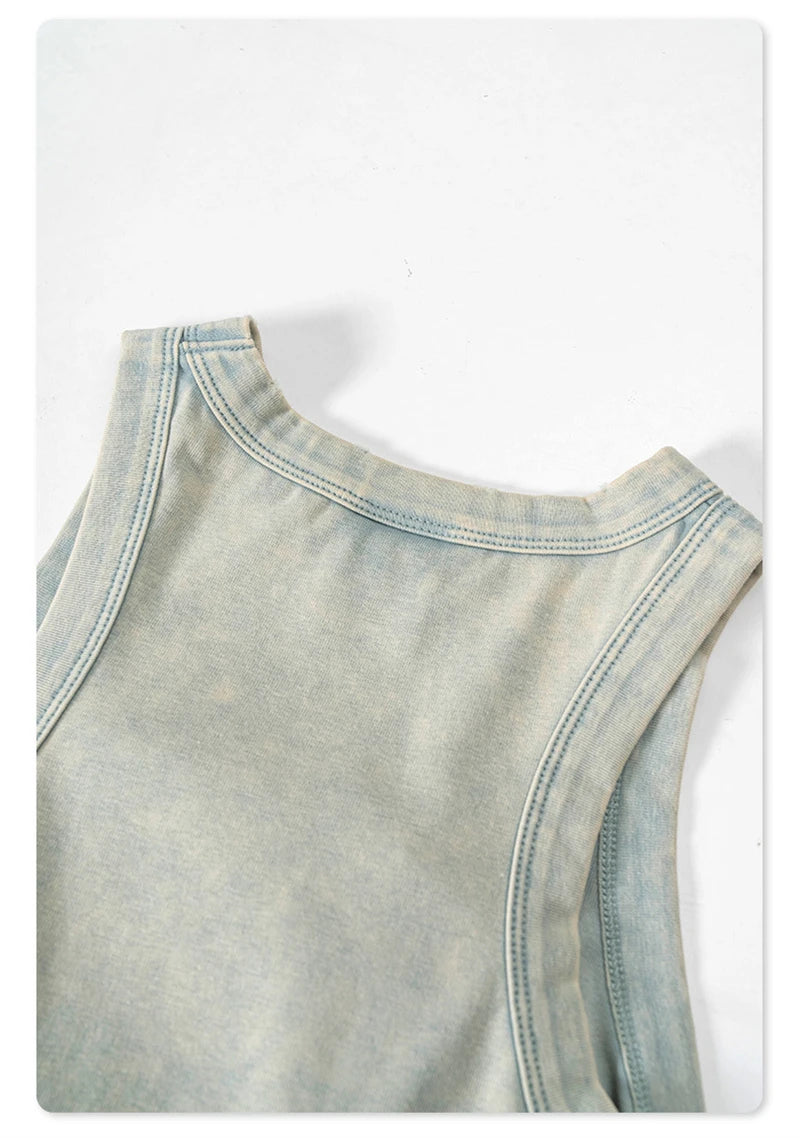 ZODF Women 2024 Summer Washed Tank Tops Female Hotsweet Girls 235gsm Slim Pleated Arc Hem Camisole TEE Streetwears HY0795