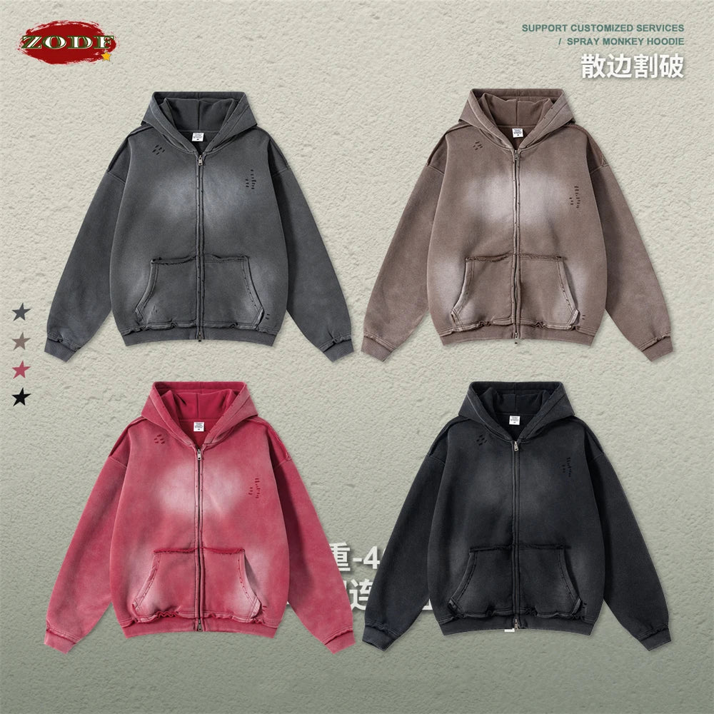ZODF Retro Winter Men 400gsm Monkey Washed Zipper Hoodie Unisex High Street Loose Edge Ripped Distressed Hooded Pullovers HY1117