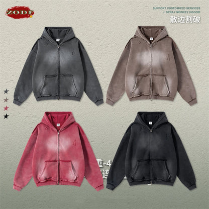 ZODF Retro Winter Men 400gsm Monkey Washed Zipper Hoodie Unisex High Street Loose Edge Ripped Distressed Hooded Pullovers HY1117