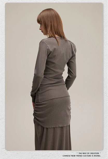 ZODF Retro Sexy Women Autumn Washed 275gsm T Shirt Ladies Girls Distressed Side Pleated Full Sleeve T-Shirts Tees HY1107