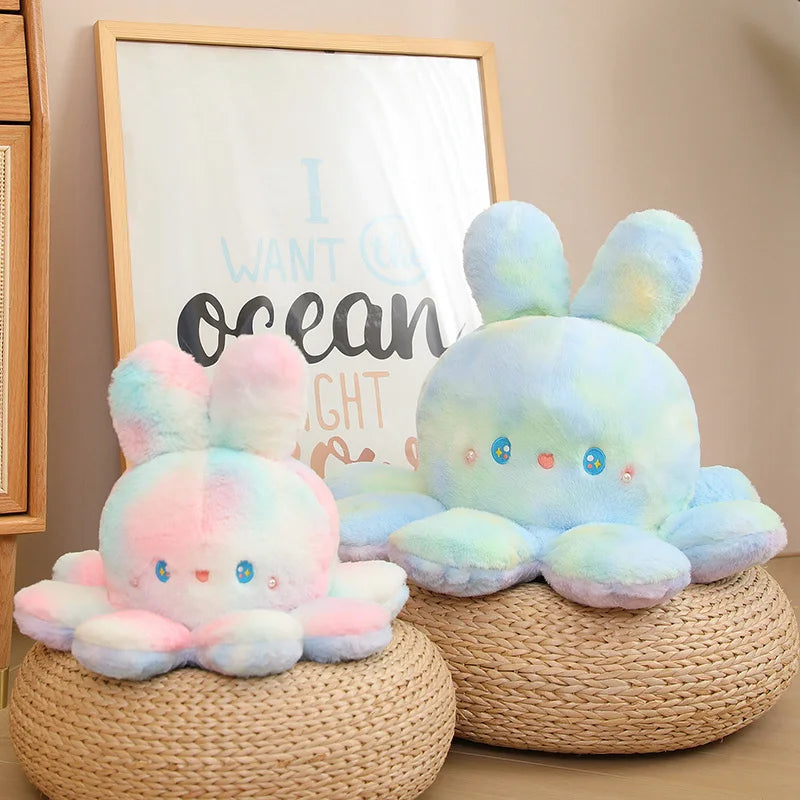 Kawaii Plush Flip Rainbow Cosplay Bunny Octopus Plush Toy Double Side Reversable Rabbit Plushie Peluche Doll  Cuddly Doll