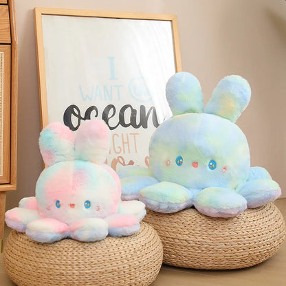 Kawaii Plush Flip Rainbow Cosplay Bunny Octopus Plush Toy Double Side Reversable Rabbit Plushie Peluche Doll  Cuddly Doll