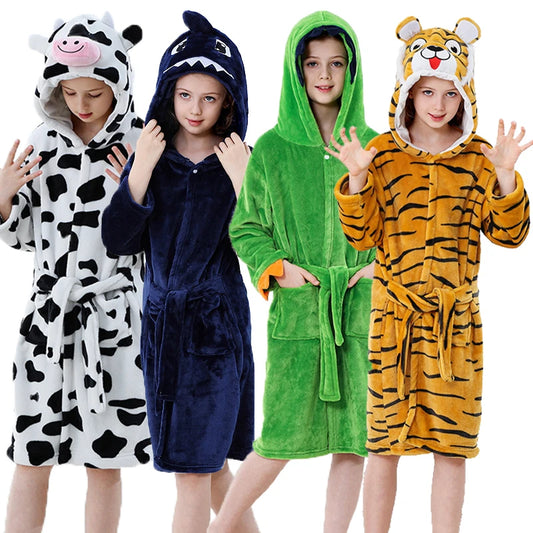 Toddler Boys Bathrobe Girl Sleepwear Winter Flannel Hooded Bath Towel Teen Dinosaur Cow Pjs Animal Pajamas Robe Children Clothes