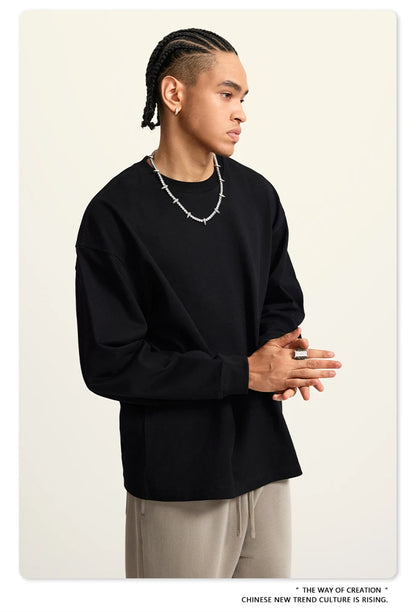 ZODF Autumn Winter 425gsm Long Sleeve T-Shirt American Retro Unisex Loose Heavyweight Basic Cotton T Shirts TEE HY0676