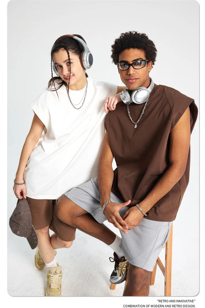 ZODF Trendy Men Summer Solid Cotton Tank Tops Unisex Oversized 275gsm Patchwork Sleeveless Tees Vests HY1051