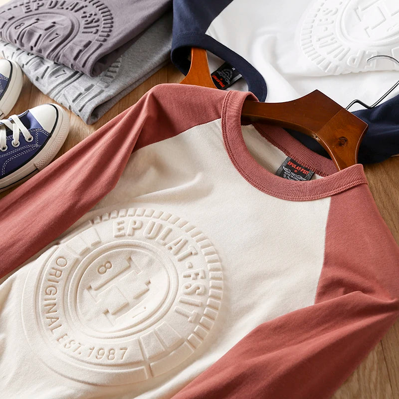 Summer New American Retro Long-sleeved O-neck 3D Letter Printed T-shirt Men's Fashion Simple 100%Cotton Washed Casual Sport Tops