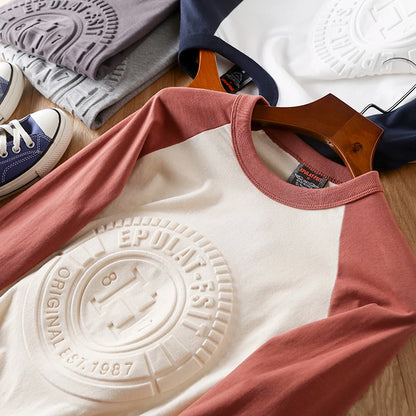 Summer New American Retro Long-sleeved O-neck 3D Letter Printed T-shirt Men's Fashion Simple 100%Cotton Washed Casual Sport Tops