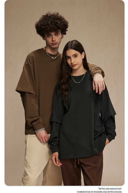 ZODF Fashion Spring Autumn Men 100% Cotton T-Shirt Unisex Fake 2-Piece 305gsm Solid Full Sleeve O Neck T Shirt Brand Tees HY0925