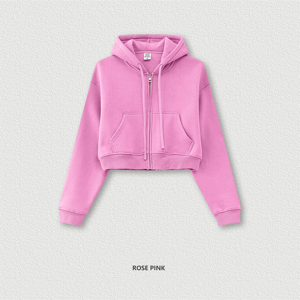 ZODF 2024 Winter Women Zipper Crop Hoodies Female Girls Solid 345gsm Warm Fleece Short Hooded Zip-Up Coat HY0911