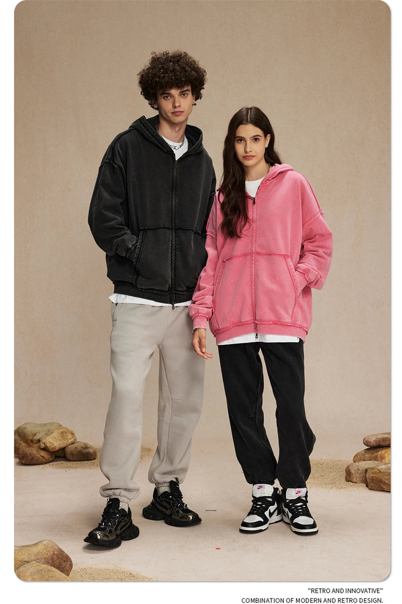 ZODF Retro Men's Heavyweight 450gsm Zipper Hoodies Unisex Loose Distressed Washed Batik Knitted Hooded Coat Jacket HY0889