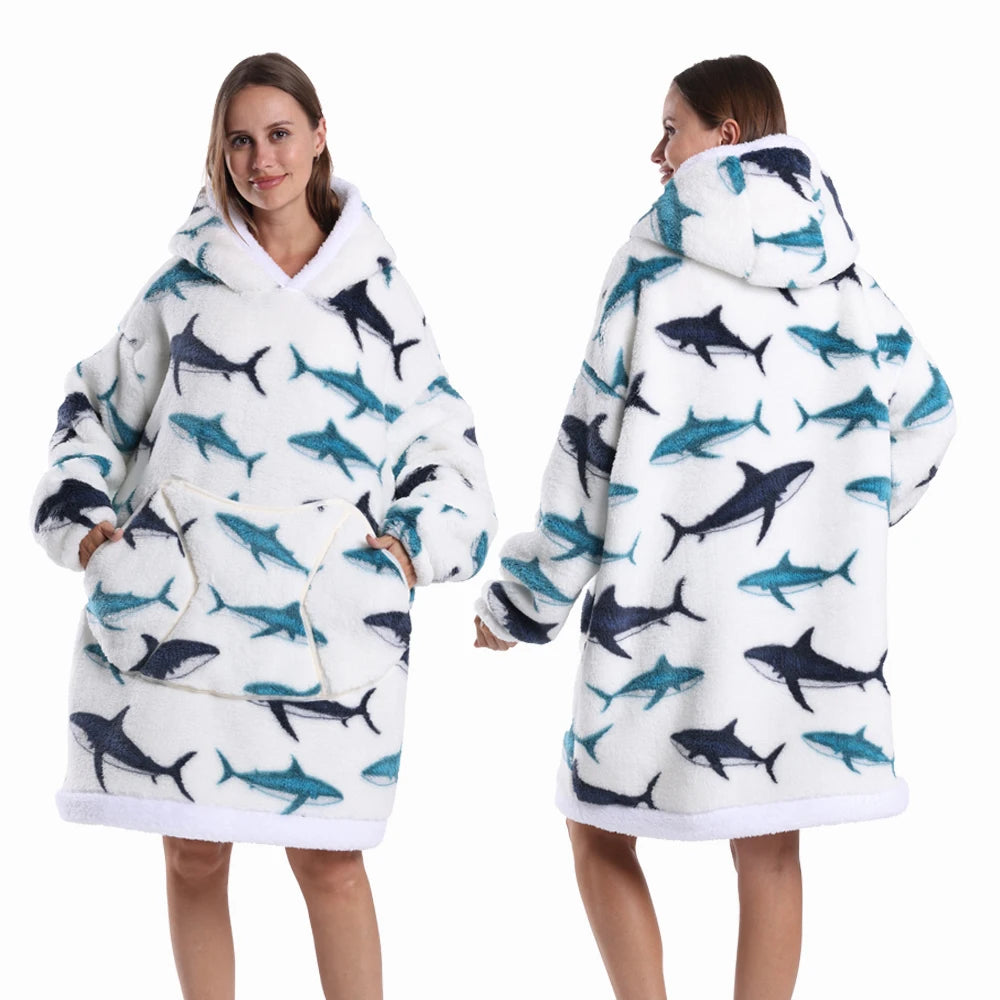 Leopard Winter Women Thicken Warm Hoodie Blanket Pink Blue Oversize Large Pocket Couple Loose Sweatshirts Mens Graphic Hoodies