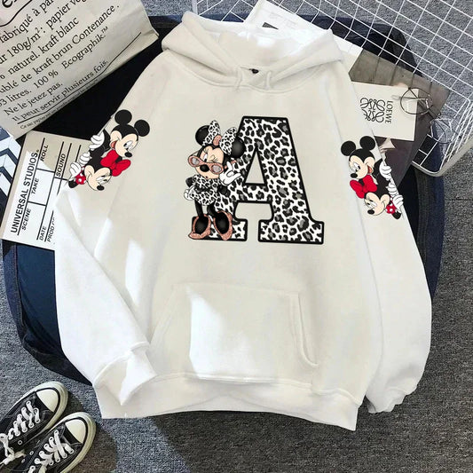 2024 Women's Winter Jacket Cute Kawaii Disney Mickey Mouse Lucky Letters Print White Hoodie Fashion Couple Streetwear Sportswear