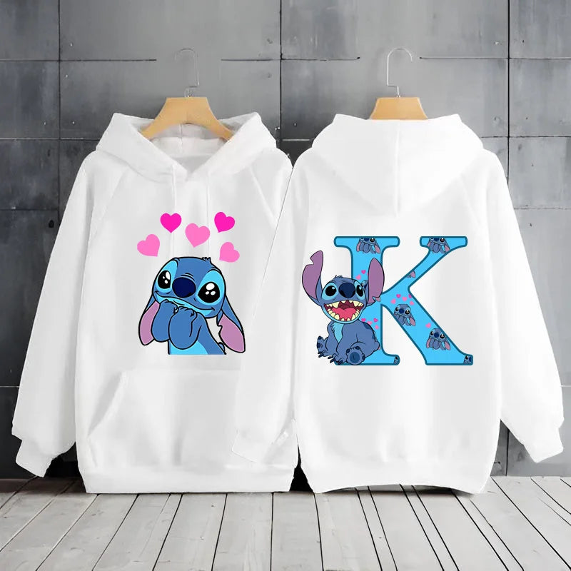 2025 Women's Winter Jacket Cute Kawaii Disney Lilo & Stitch Lucky Letter Print White Hoodie Fashion Couple Streetwear Sportswear