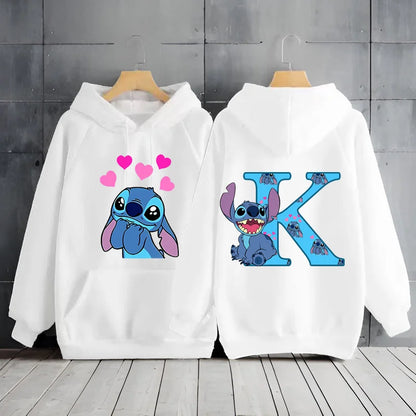 2025 Women's Winter Jacket Cute Kawaii Disney Lilo & Stitch Lucky Letter Print White Hoodie Fashion Couple Streetwear Sportswear