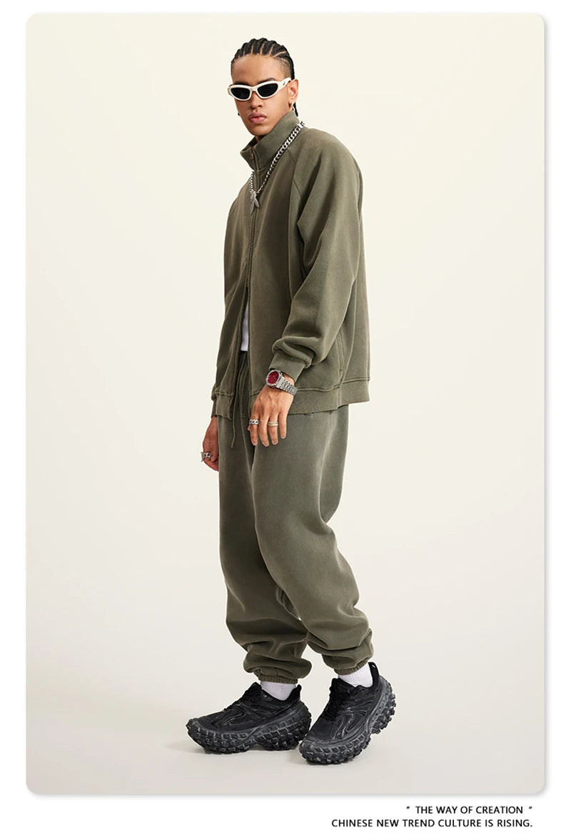 ZODF Retro Winter Men Washed Fleece Zipper Jackets Unisex Loose Oversized 400gsm Raglan Sleeve Coats Streetwears HY0649